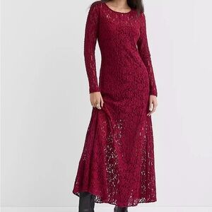 LOFT Burgundy Lace Long Sleeve Maxi Dress